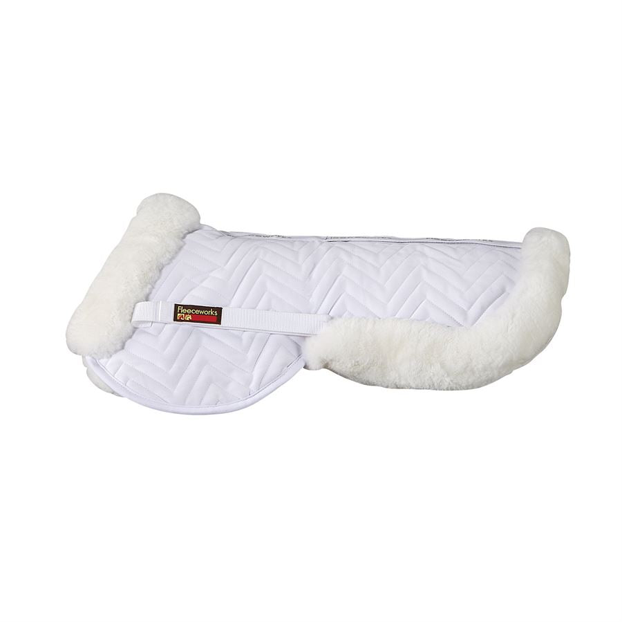 Fleeceworks Sheepskin Half pad, a corrective half pad, helps with poor saddle fit, excellent for everyday protection and comfort. Sheepskin half pad. Dressage half pad, jumping half pad